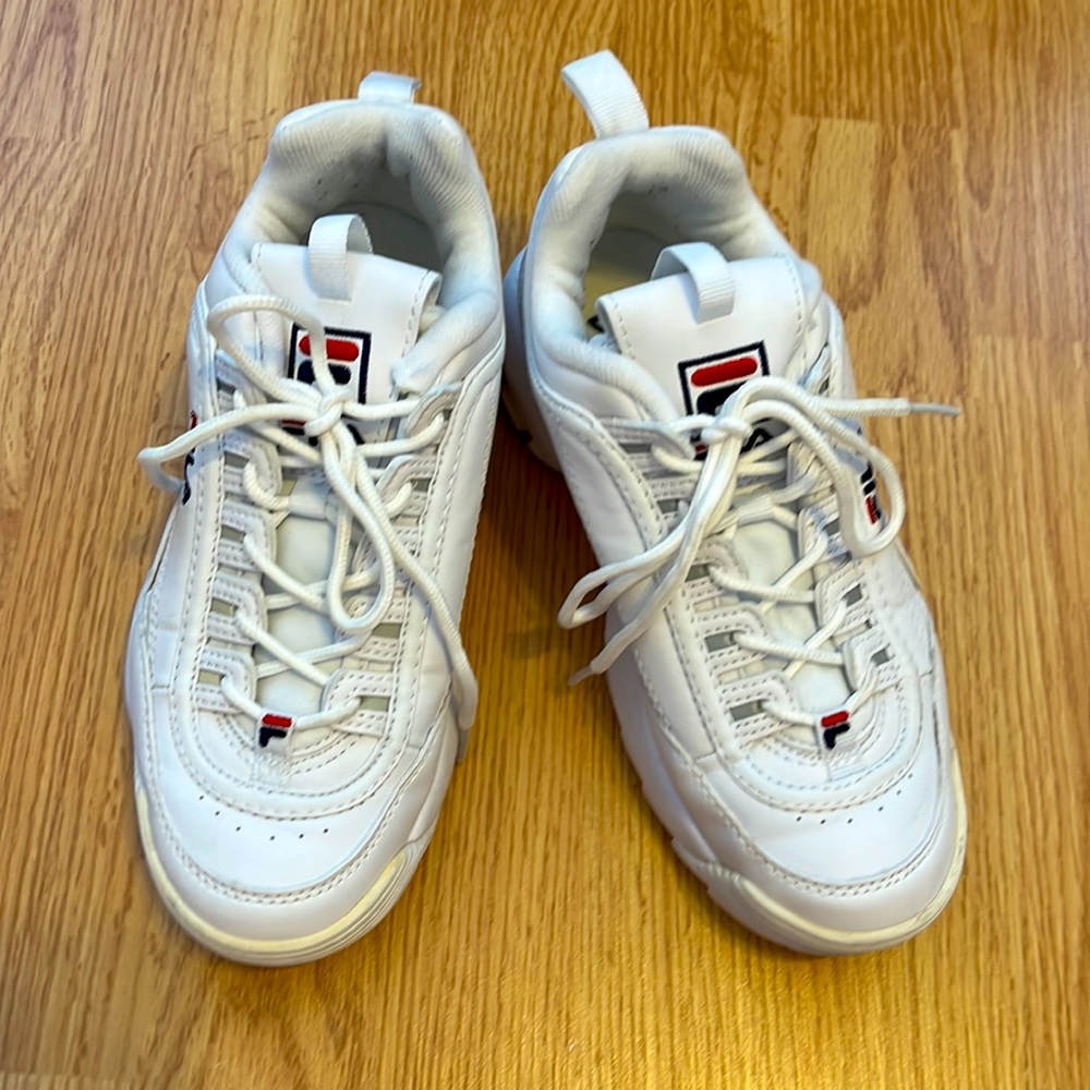 Fila Size 4.5 Boys Sneakers, All-White with Mavy & Red Fila Branding